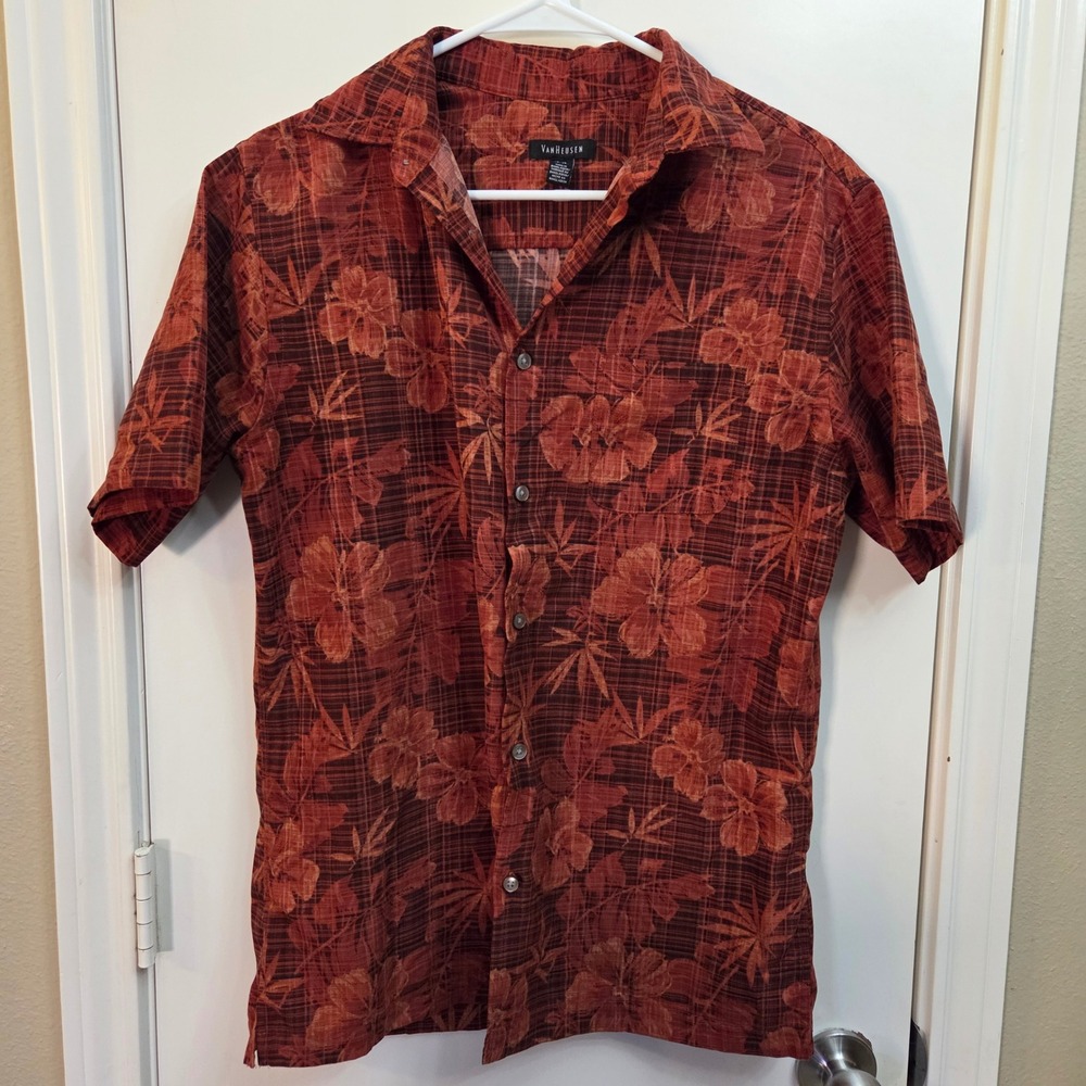 Van Heusen Mens Small Burnt Orange Floral Hibiscus Plaid Short Sleeve Shirt